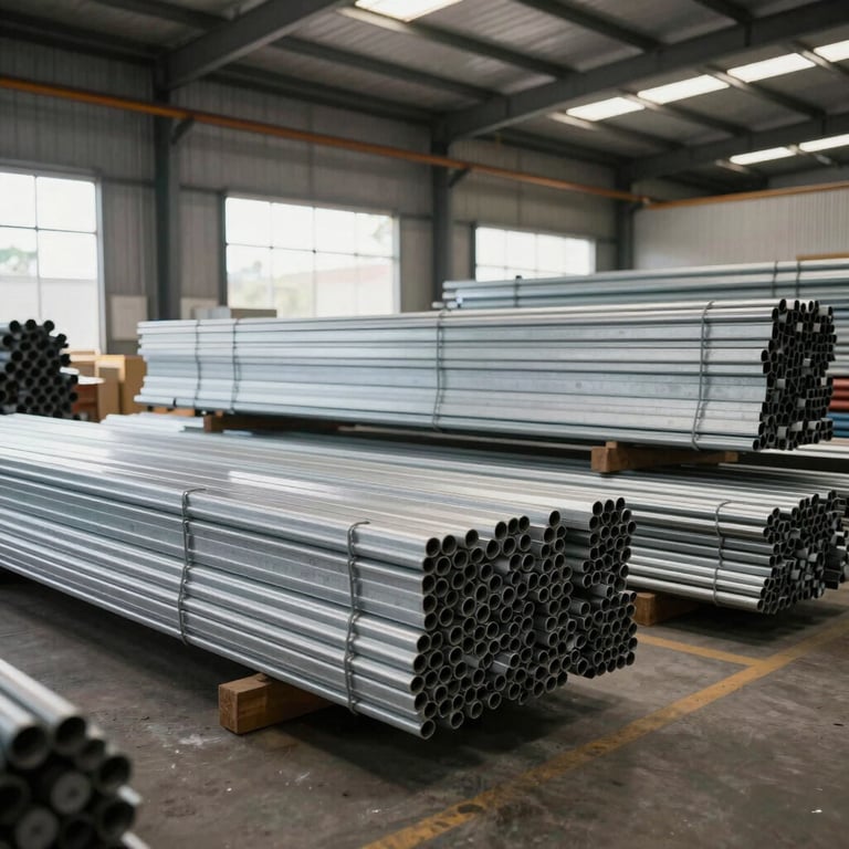 Clean and organized industrial warehouse interior in Brazil, showing stacks of metal sheets and bundles of pipes, bright natural light, professional and solid business environment.