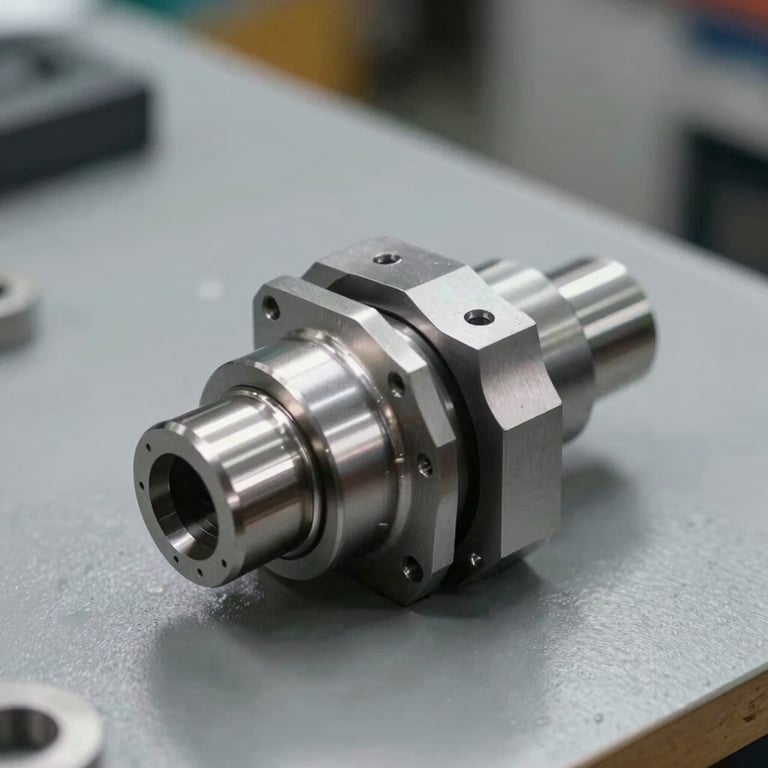 Detail of a precision-cut metal component on a modern slate gray workbench.