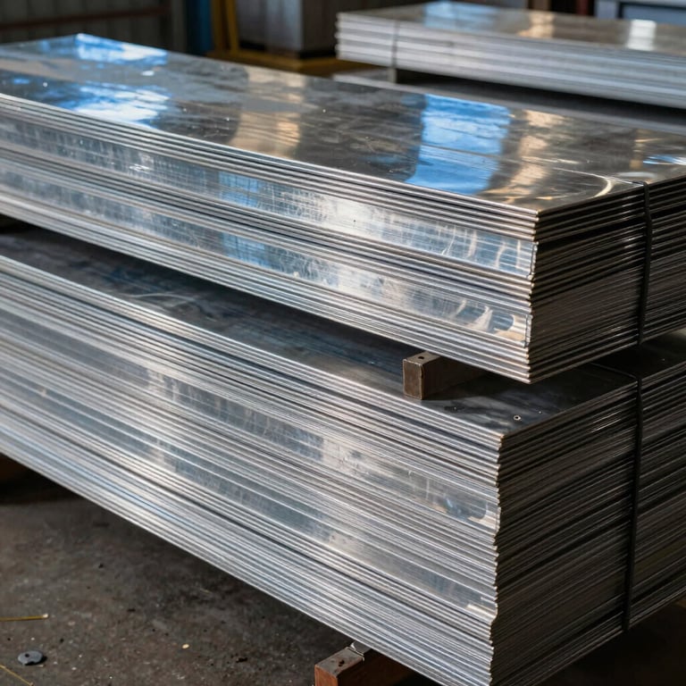 Stack of polished stainless steel sheets reflecting bright blue sky in an industrial setting, South American / Brazilian warehouse.