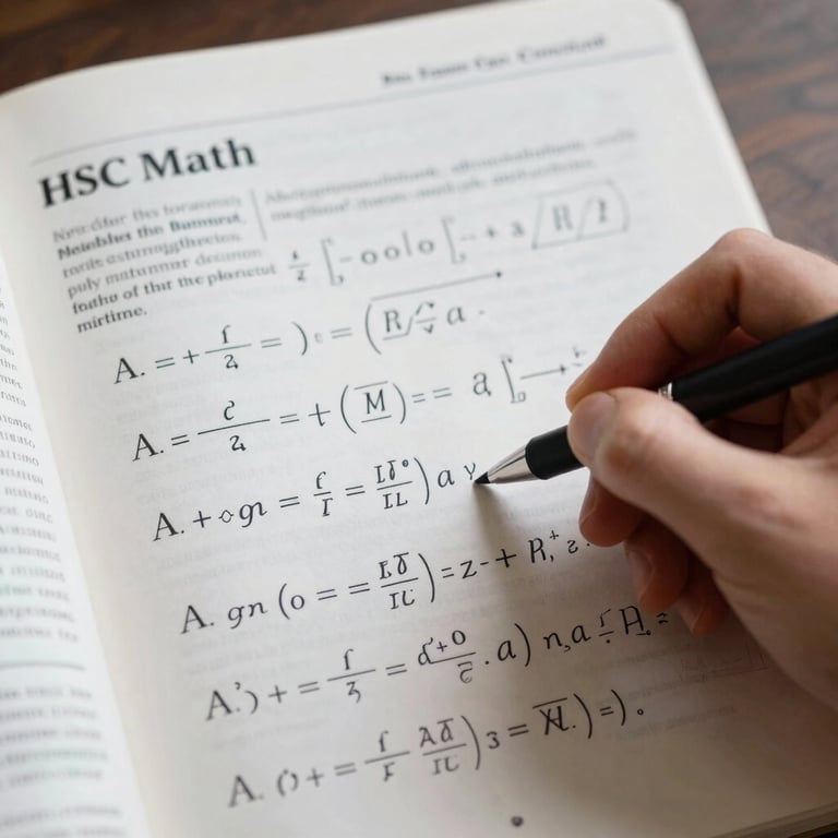 Detailed close-up of complex mathematical equations hand-written next to an open HSC Math book, professional lighting.