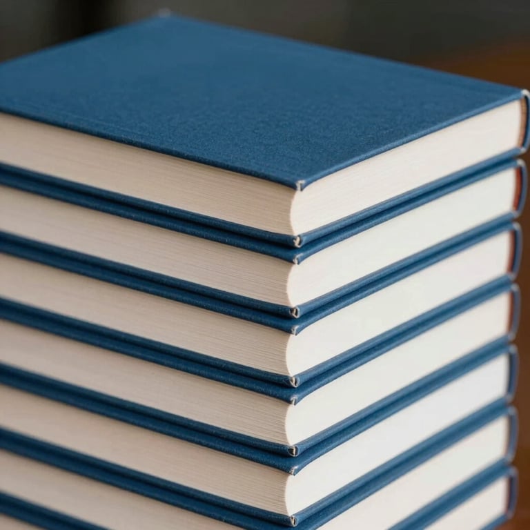 A stack of new textbooks in soft blue and dark blue covers, shot from a low angle to convey authority and high quality.