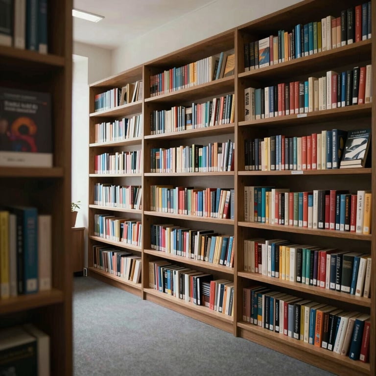 Wide shot of a modern, sober educational publishing office in Bangladesh with books displayed on minimalist shelves.