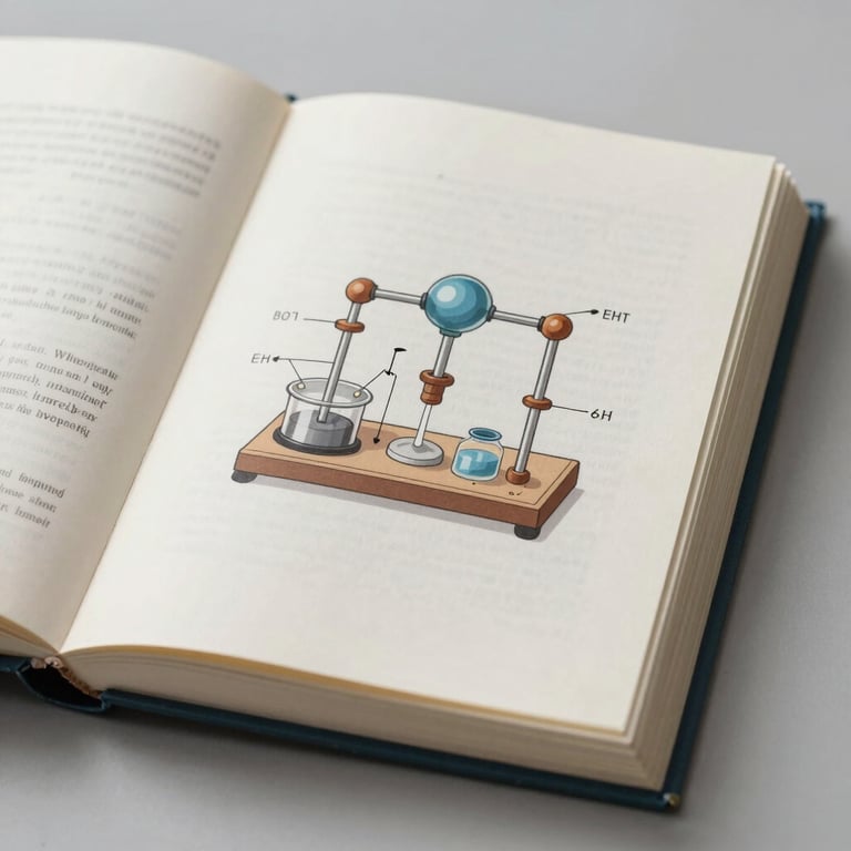 An open book showing a clean, well-labeled diagram of a physics experiment, minimalist style.