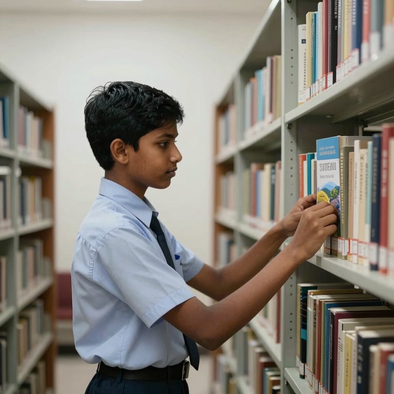 A South Asian / Bangladeshi student in a clean school uniform browsing a shelf of STEM books in a sober, minimalist library.