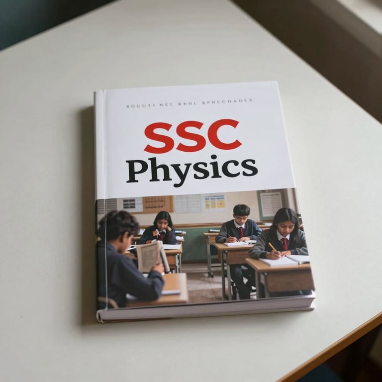 A minimalist photograph of an SSC Physics textbook cover on a clean off-white desk, South Asian / Bangladeshi study context.