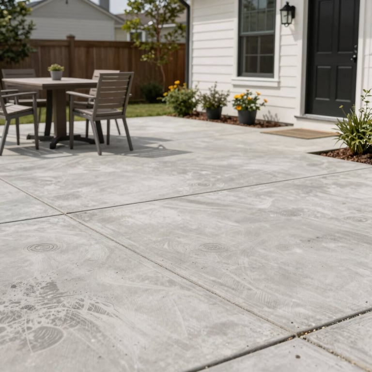 A stamped concrete patio in a high-end residential backyard with outdoor seating, clean and modern North American / US style.