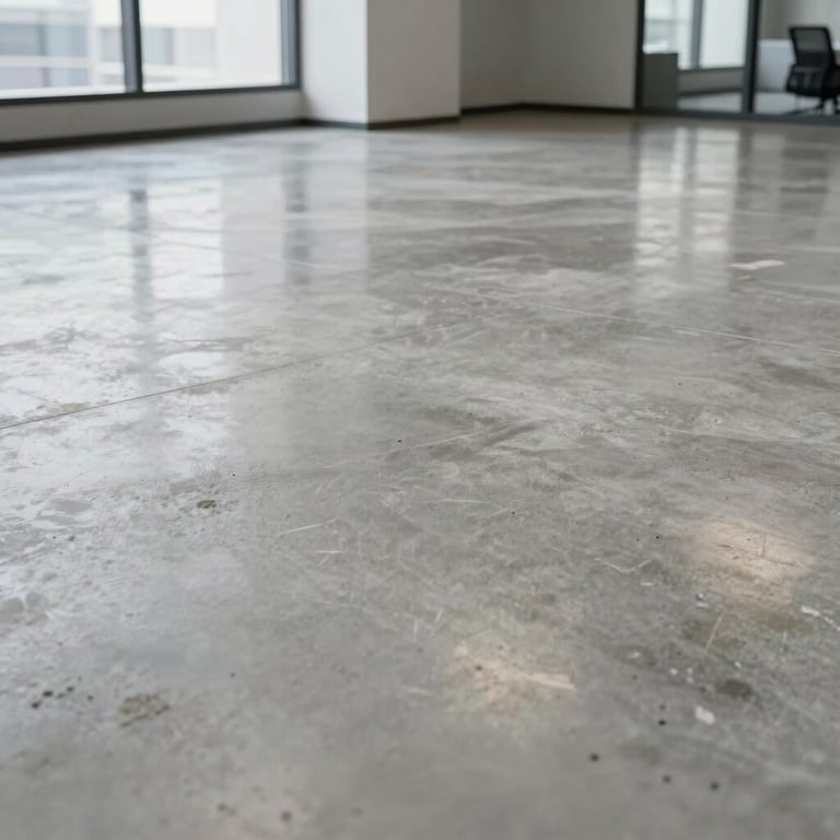 Polished concrete flooring in a modern industrial North American / US office space, light gray with subtle professional reflections.