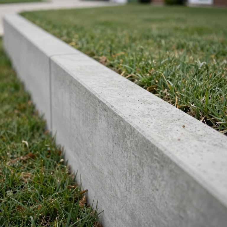 Close-up of a perfectly straight concrete retaining wall edge against a landscaped lawn in a North American / US suburb.