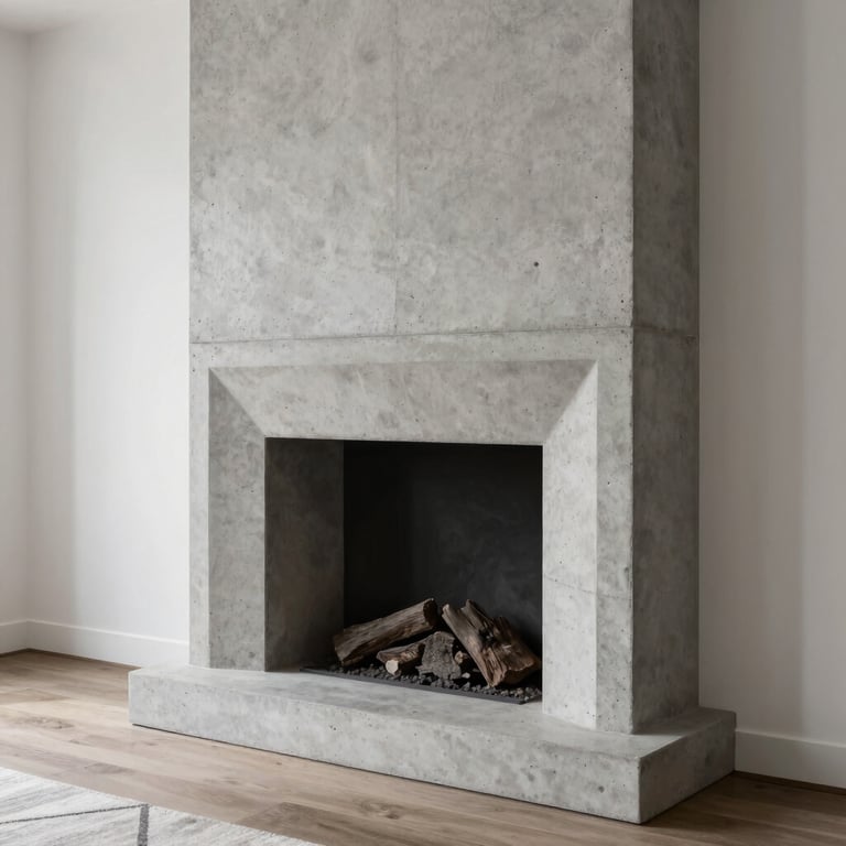 A sleek, custom concrete fireplace surround in a minimalist modern living room, showing precision craftsmanship.