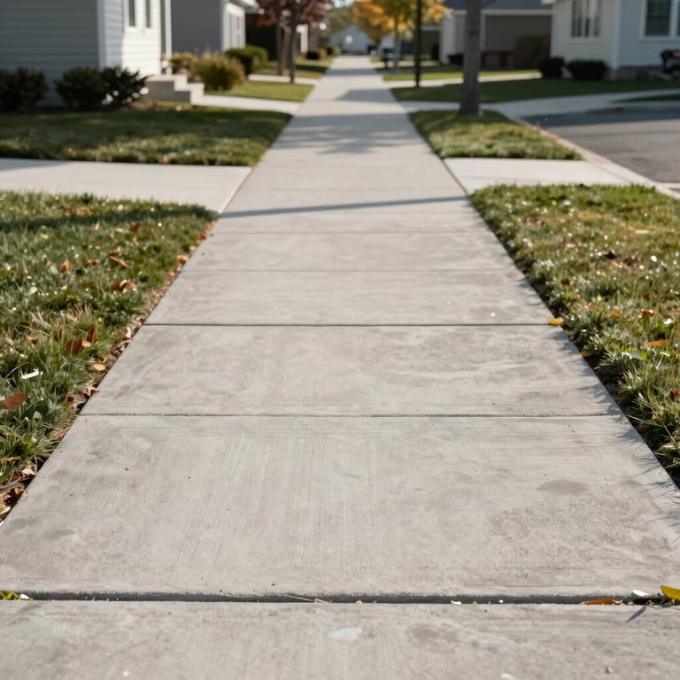 A freshly poured and textured concrete sidewalk in a modern North American / US neighborhood under bright sunlight.