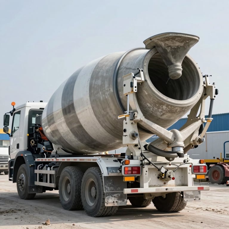 Industrial concrete mixer truck drum spinning at a job site, conveying power and professional construction activity.