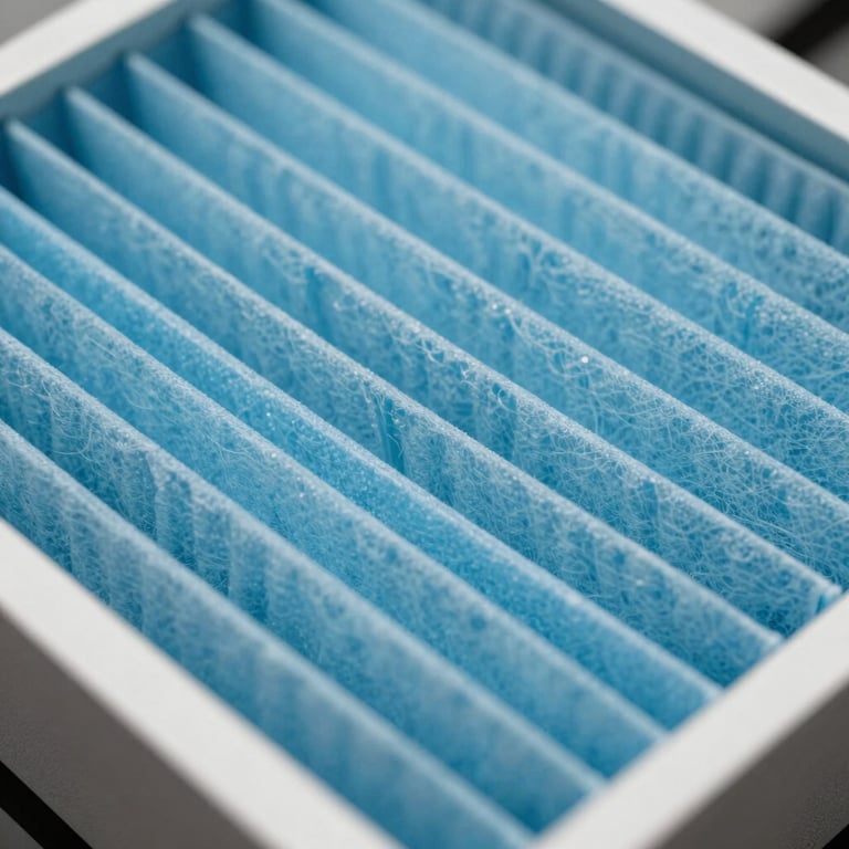 Close-up of a high-tech air filtration filter, clean and crisp photography with light cyan tones.
