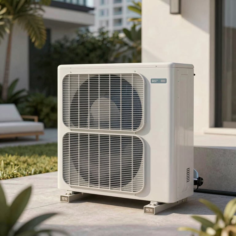 A sleek white modern outdoor AC condenser unit in a luxury Miami courtyard, soft afternoon sunlight.