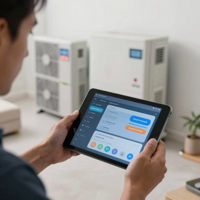 A technician's hands using a digital tablet to calibrate a smart HVAC system in a North American / US (Miami) home.