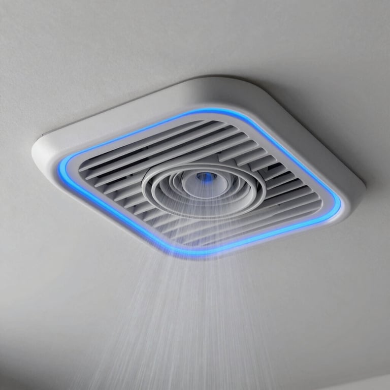 Macro shot of cool air vapor blowing from a clean, modern ceiling vent with blue LED accents.