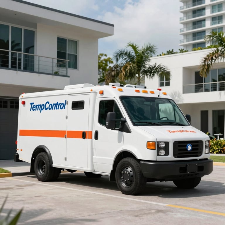 Wide shot of a professional TempControl service vehicle parked in a modern Miami residential district.