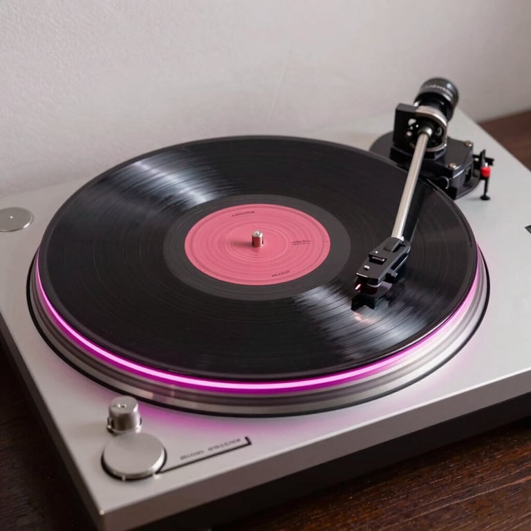 A vinyl record spinning on a high-end minimalist turntable with magenta lighting accents.