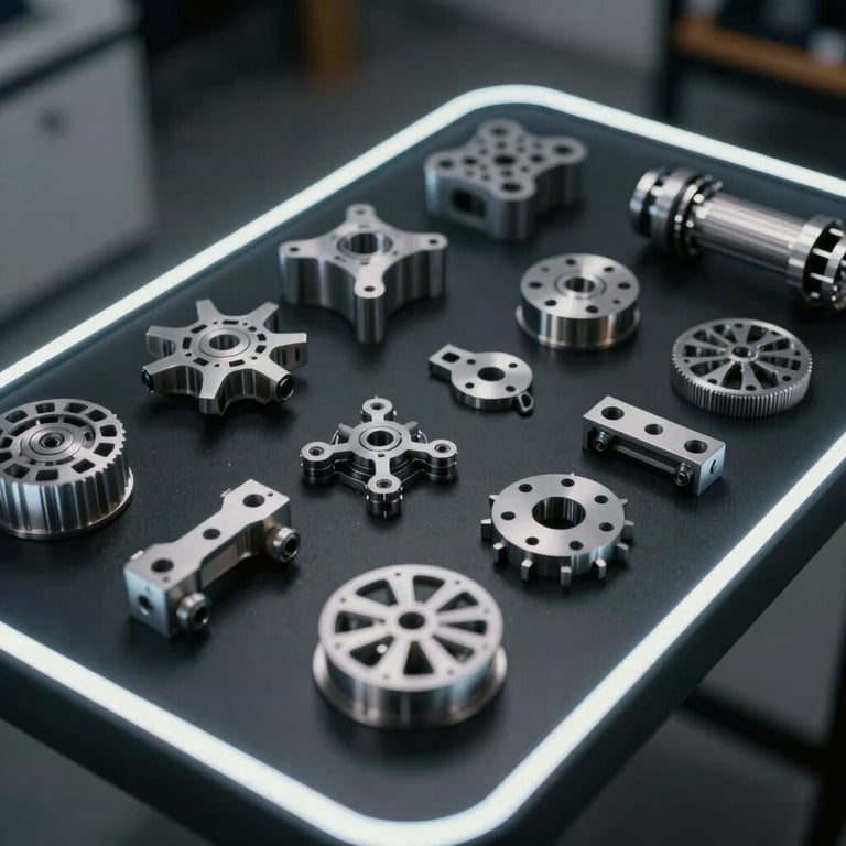 An array of 3D printed mechanical parts neatly arranged on a black table with neon highlights.