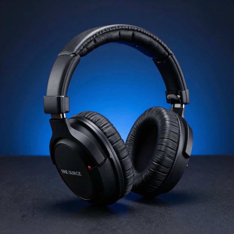 Atmospheric shot of professional studio headphones resting on a dark, matte surface with blue backlighting.
