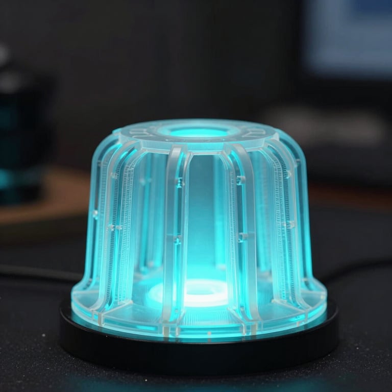 Macro photography of a translucent 3D printed structure lit by cyan neon light in a dark room.