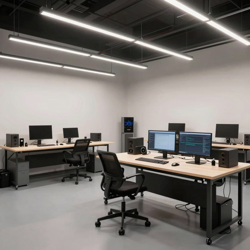 A wide, clean shot of a modern Dutch studio workspace with glowing LED strips and technological equipment.