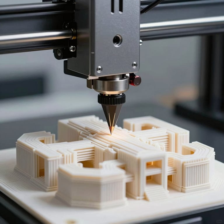 Detailed view of a 3D printer nozzle creating a futuristic architectural model.