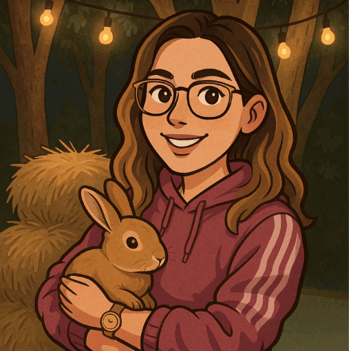 Ilustración digital de una mujer sonriente con gafas que sostiene un conejo mascota en un jardín con