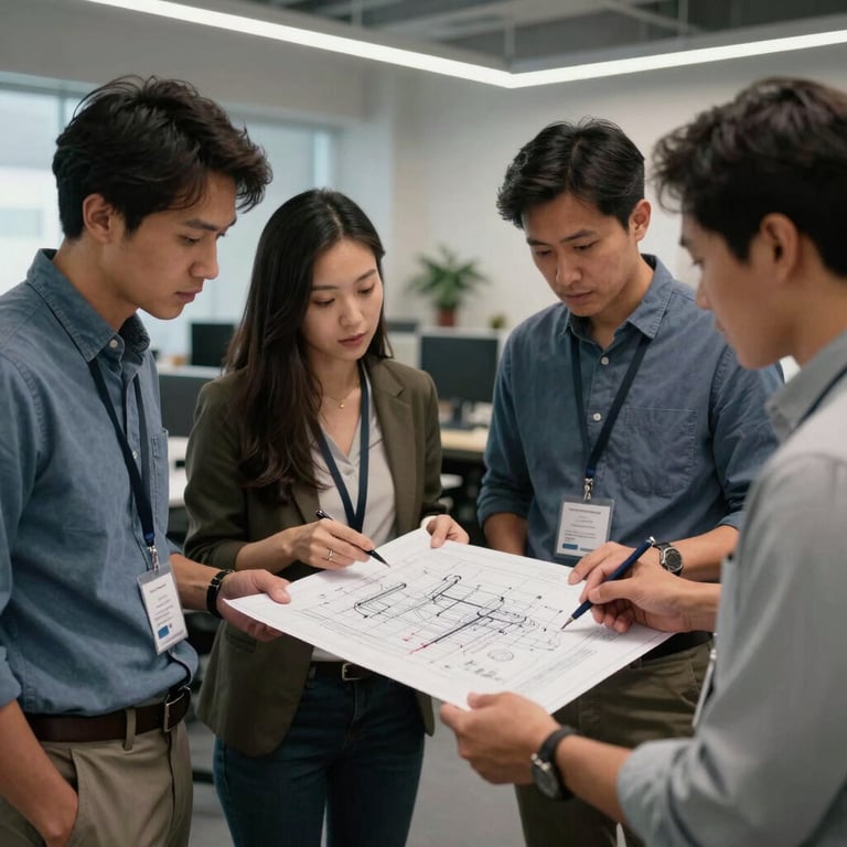 A team of engineering professionals in a North American / US office environment reviewing a complex technical drawing together.