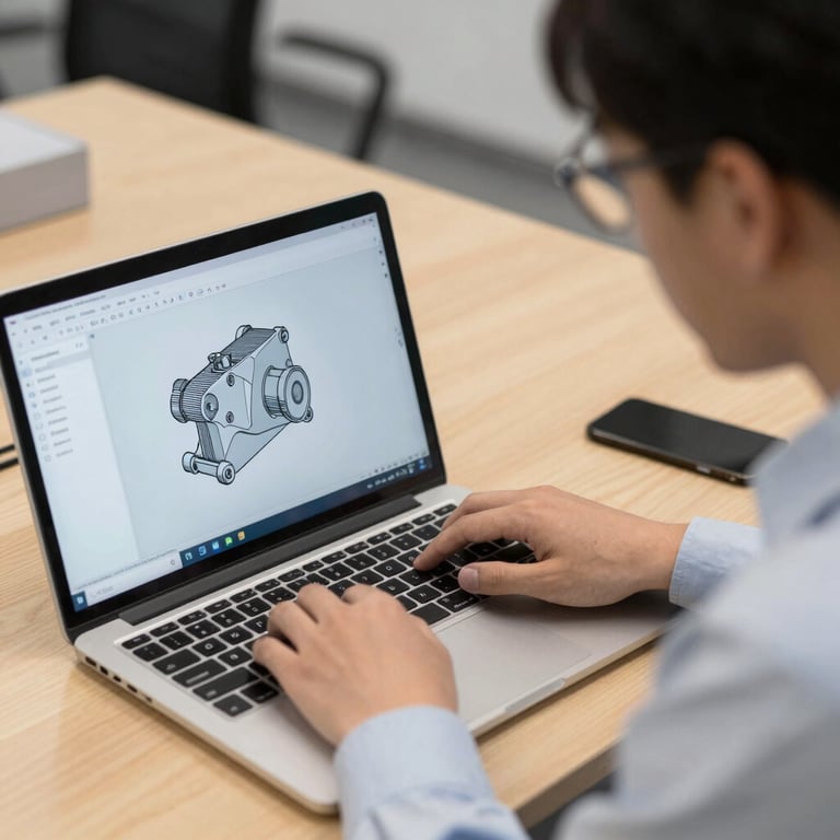 Engineer using a laptop for mechanical DFM diagnostic software to analyze a 3D CAD model.