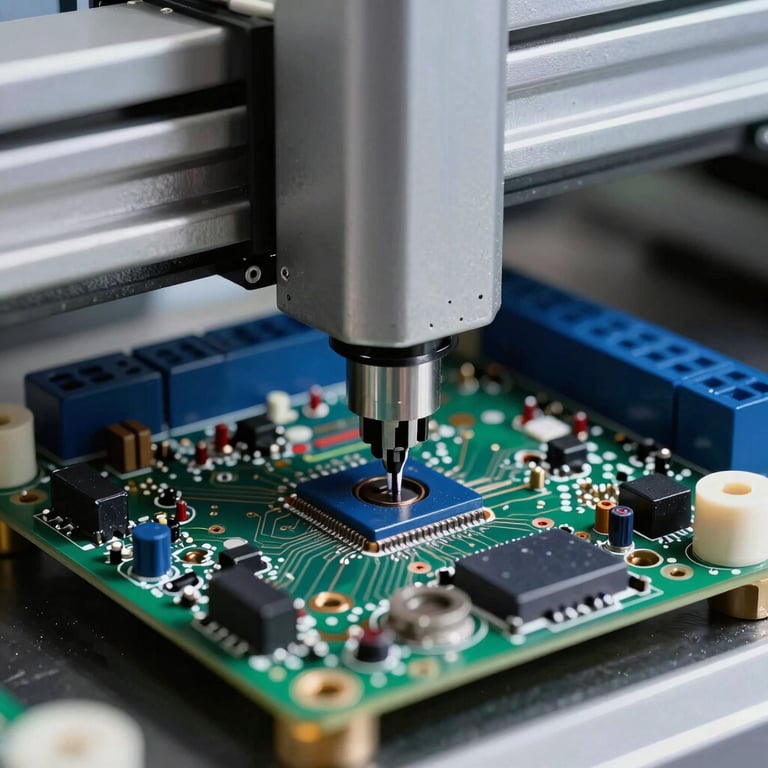 Close-up of a high-end circuit board being populated by an automated SMT machine, highlighting steel blue and deep navy components.