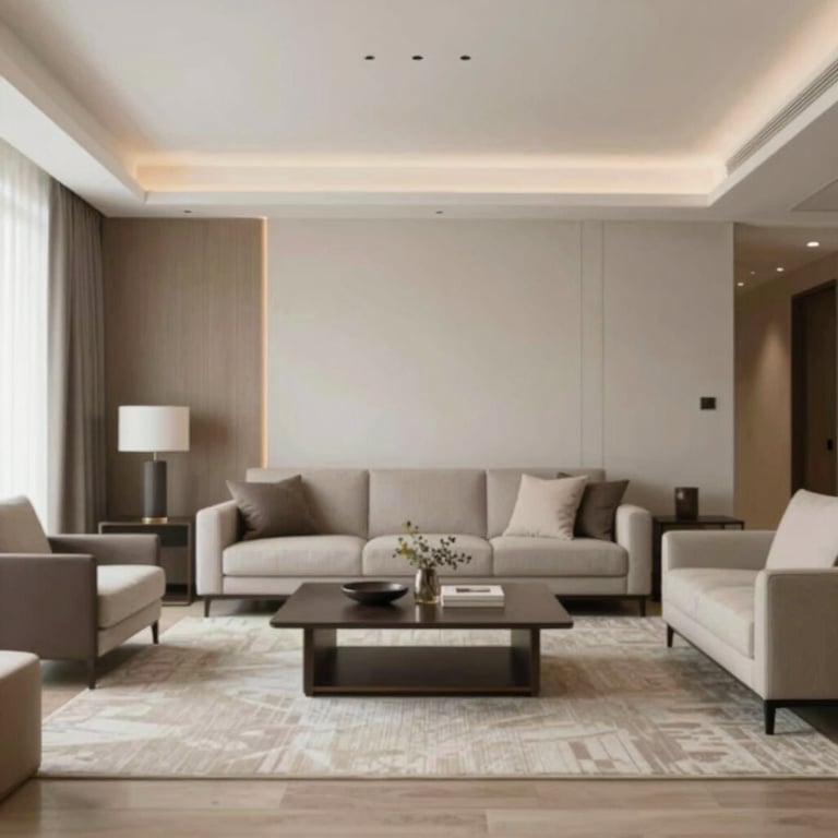 A wide shot of a masterfully designed living room featuring House Interior materials in Sylhet.