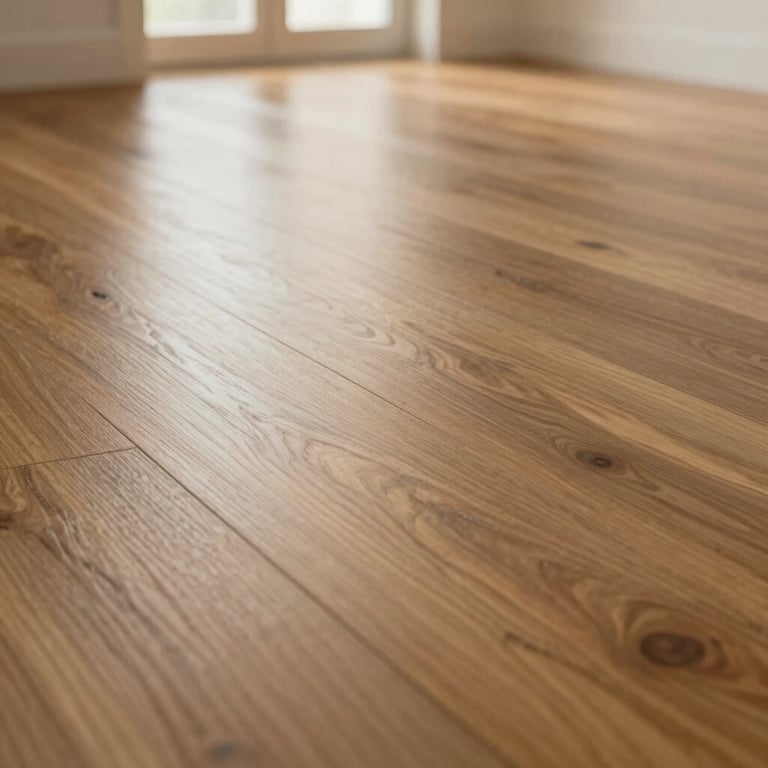 Premium hardwood flooring detail with a polished, high-quality finish reflecting soft light.
