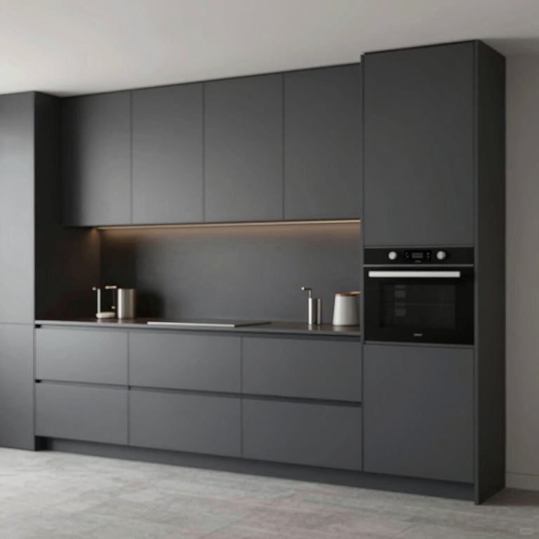 A sleek, minimalist kitchen cabinet installation in a dark, professional charcoal finish.