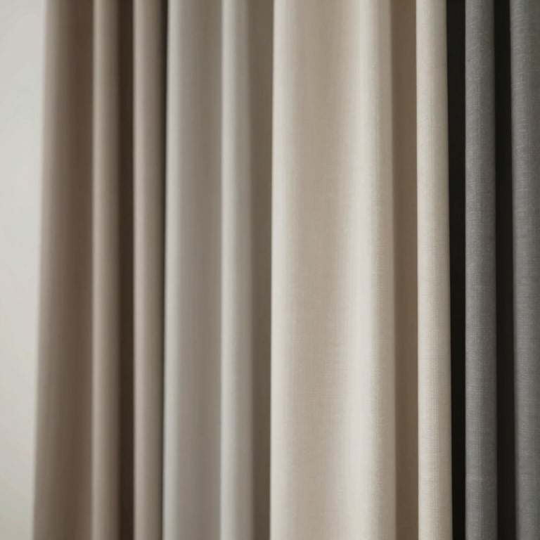A curated display of interior design fabric samples and wall finishes in the brand palette.