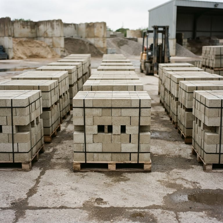 Industrial editorial photography, natural overcast daylight, raw concrete textures, neatly stacked pallets of precise grey eco bricks in a manufacturing yard, straight-on geometric composition, 35mm.