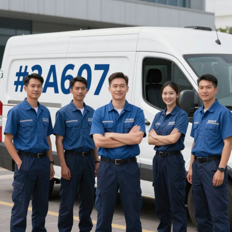 A team of technicians standing by a clean white service van with professional branding in #3A607C, smiling and authoritative.