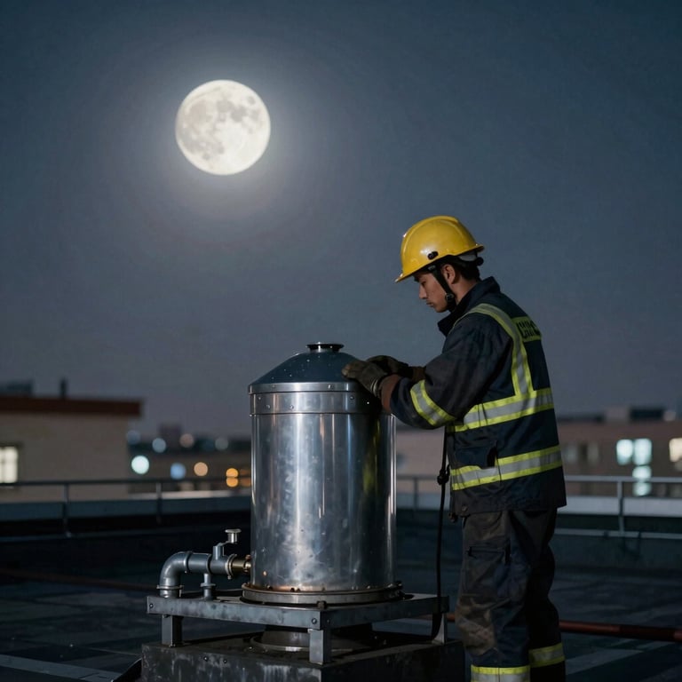 An outdoor shot of a rooftop exhaust unit being serviced under the moonlight, professional safety gear visible, tones of #1E2B3A.