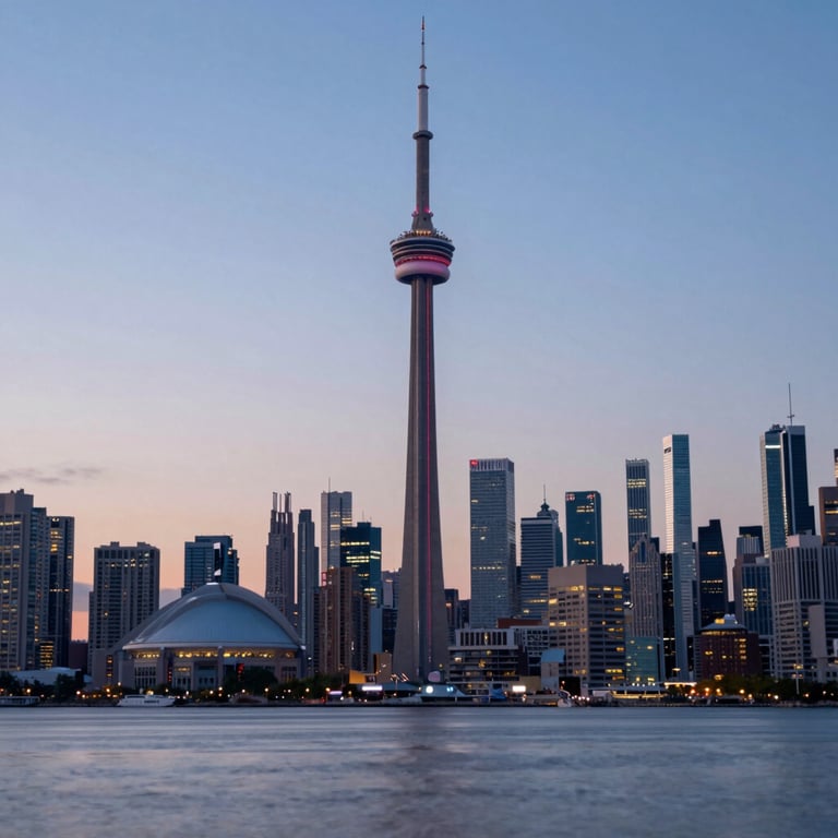 A Toronto skyline at dusk featuring restaurant districts, with a focus on clean architectural lines and brand palette colors.
