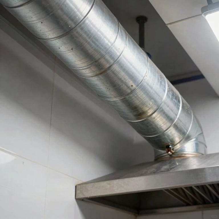 Before and after comparison of a kitchen duct, showing the transition from grease-heavy to metallic clean, bright industrial lighting.