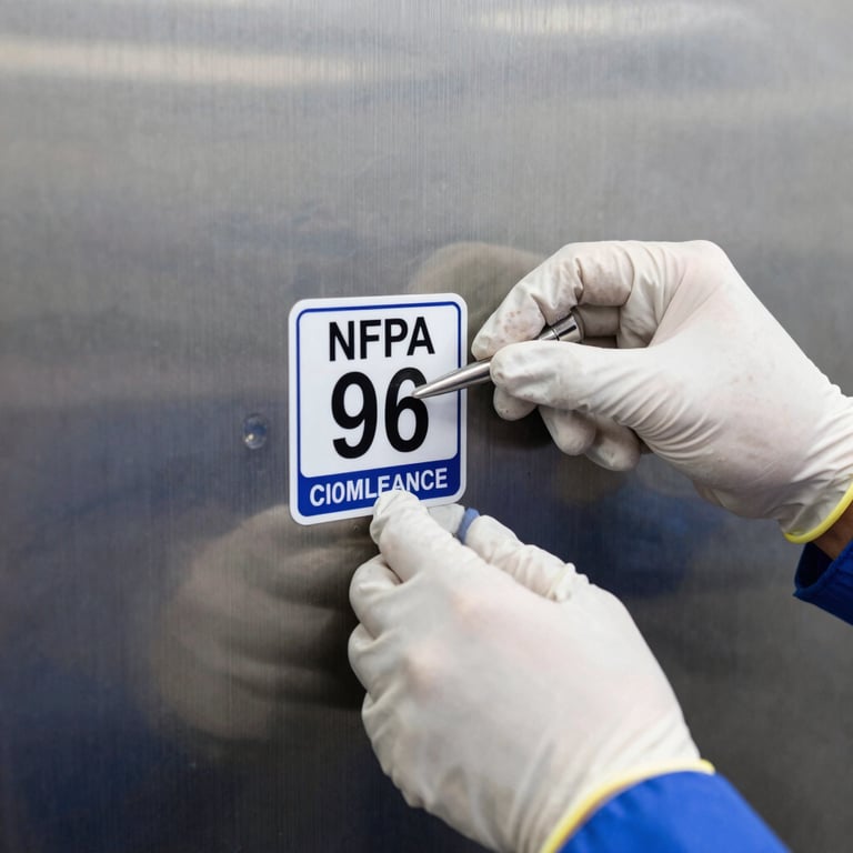 A technician applying an NFPA 96 compliance sticker to a clean stainless steel surface, hands visible wearing professional gloves.