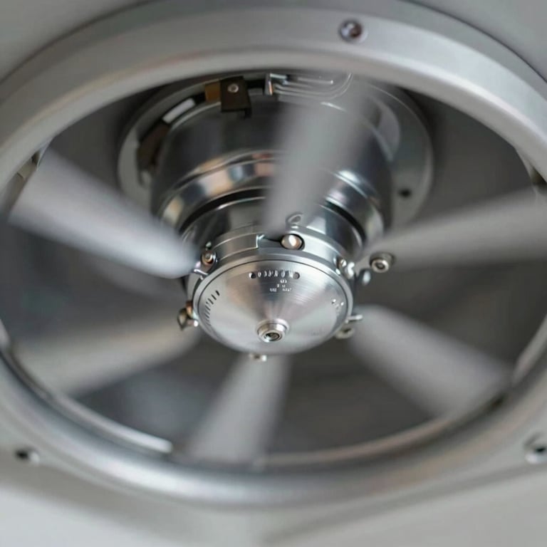 A close-up of a polished, grease-free kitchen fan assembly with silver and steel textures, cool lighting, professional mood.