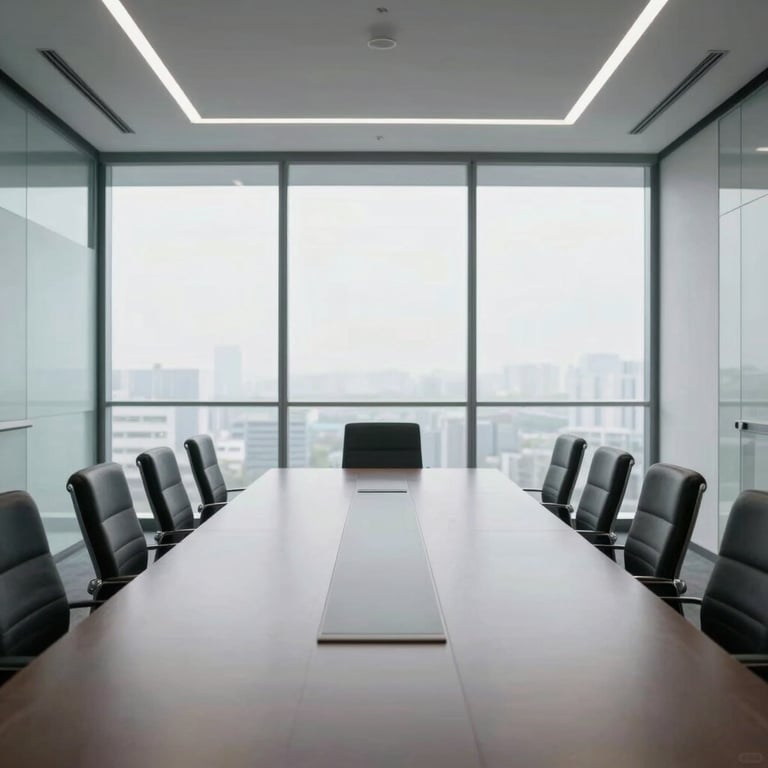 Minimalist corporate meeting room with glass walls, soft daylight, clean design, conveying absolute security and institutional trust.