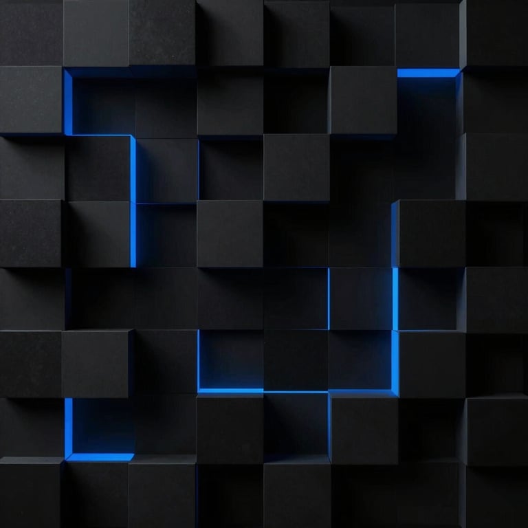Abstract geometric pattern of black and deep charcoal cubes with sharp electric blue light edges, low-key moody studio lighting, high contrast digital art, sharp focus.
