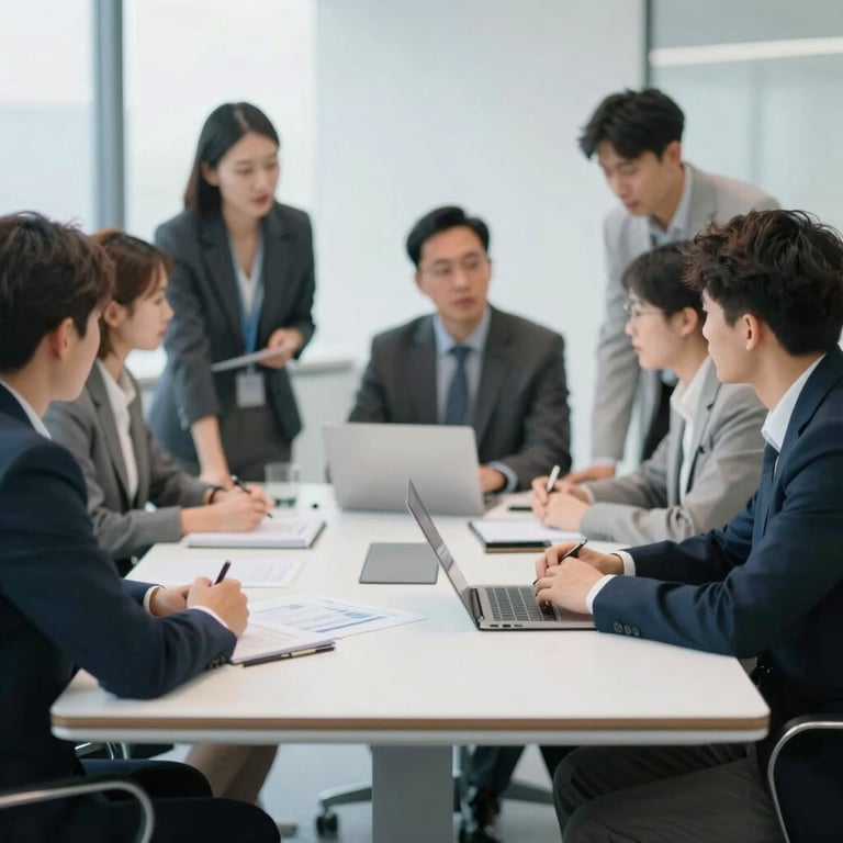 Team members in a high-tech meeting room discussing a project, professional and modern atmosphere.