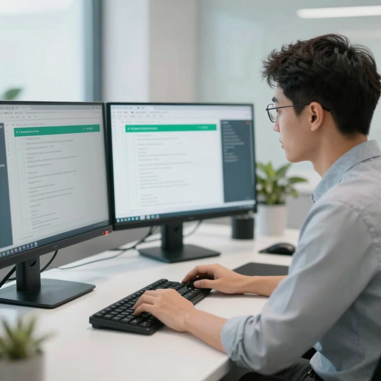 A focused QA engineer analyzing data on multiple monitors in a clean, modern workspace with #476C7D accents.