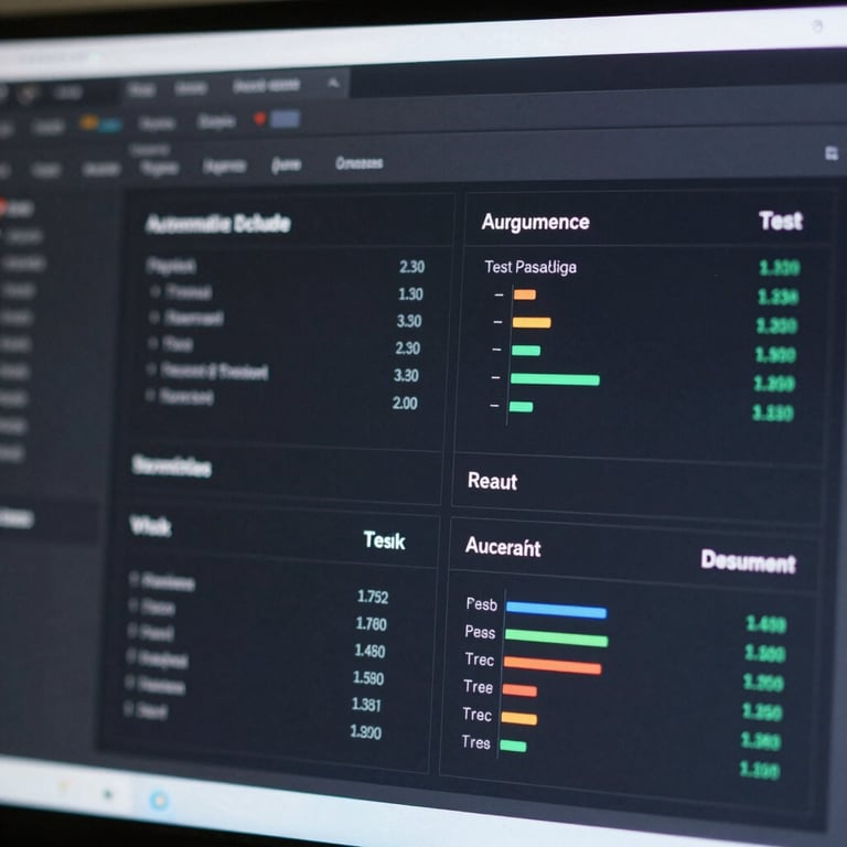 A digital dashboard showing automated test passing rates and performance metrics in a clear, trustworthy layout.