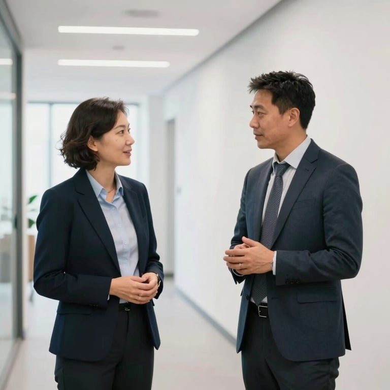 A photograph of two colleagues in business attire having an engaging conversation in a bright, minimalist hallway of a North American tech company.