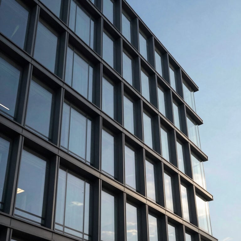 A detail shot of a modern, architectural building facade made of glass and steel under a clear blue sky, capturing a tech-inspired aesthetic.