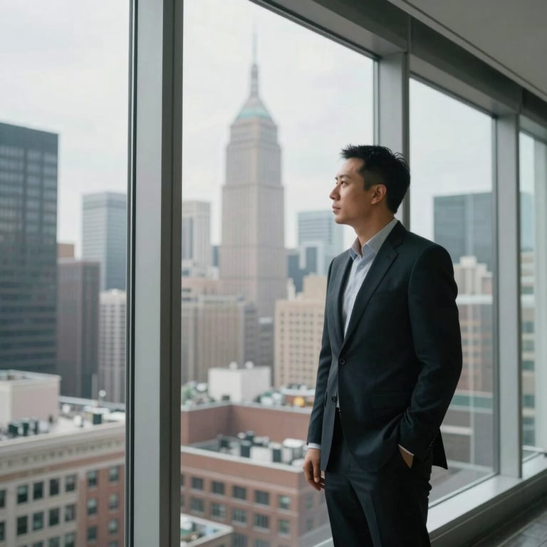 A portrait of a professional looking out of a large floor-to-ceiling window onto a bustling North American city skyline, representing vision and growth.