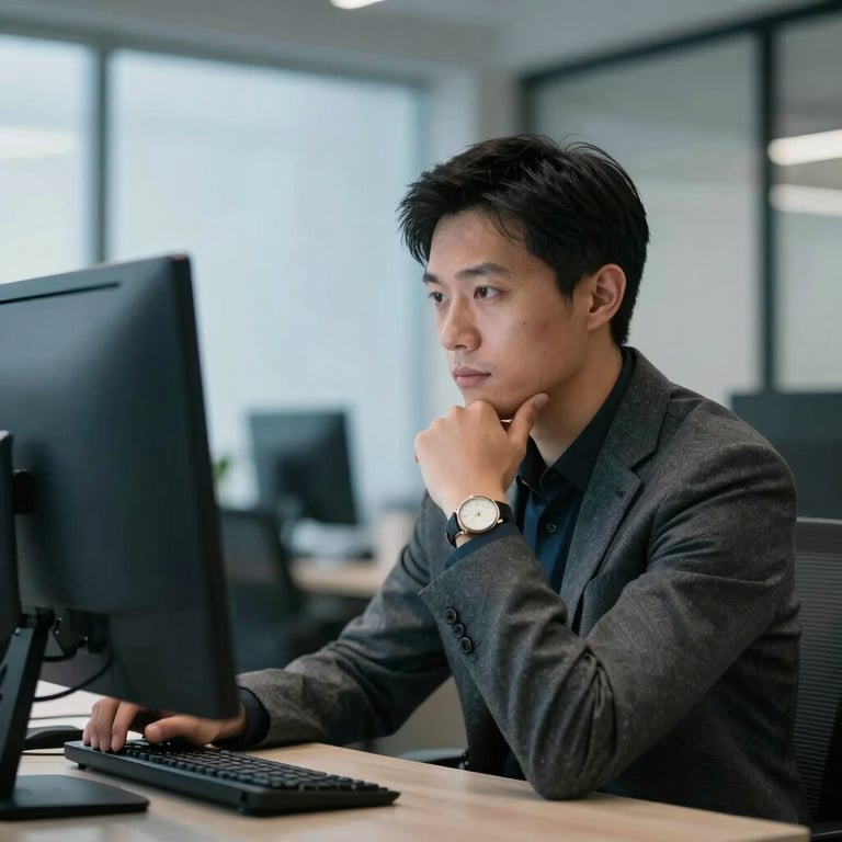 A sharp photograph of a professional person in a sleek, modern US office, looking thoughtfully at a computer monitor reflecting soft blue light.